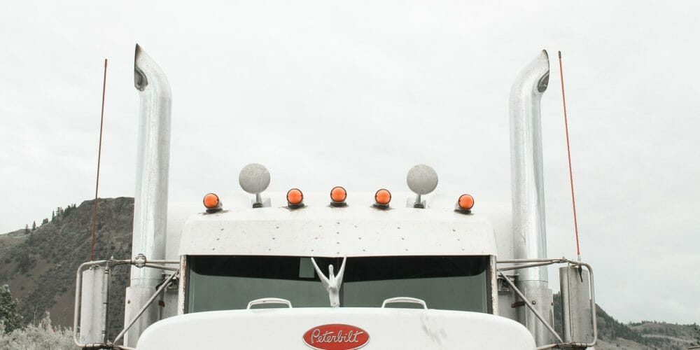 Closeup of the front of a semi truck