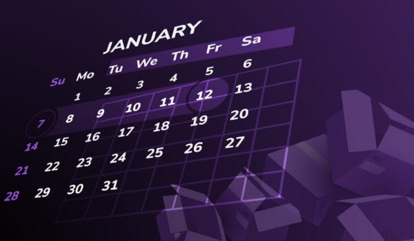 January 2025 calendar graphic with highlighted dates January 7 and 12, modern purple design with 3D shapes.