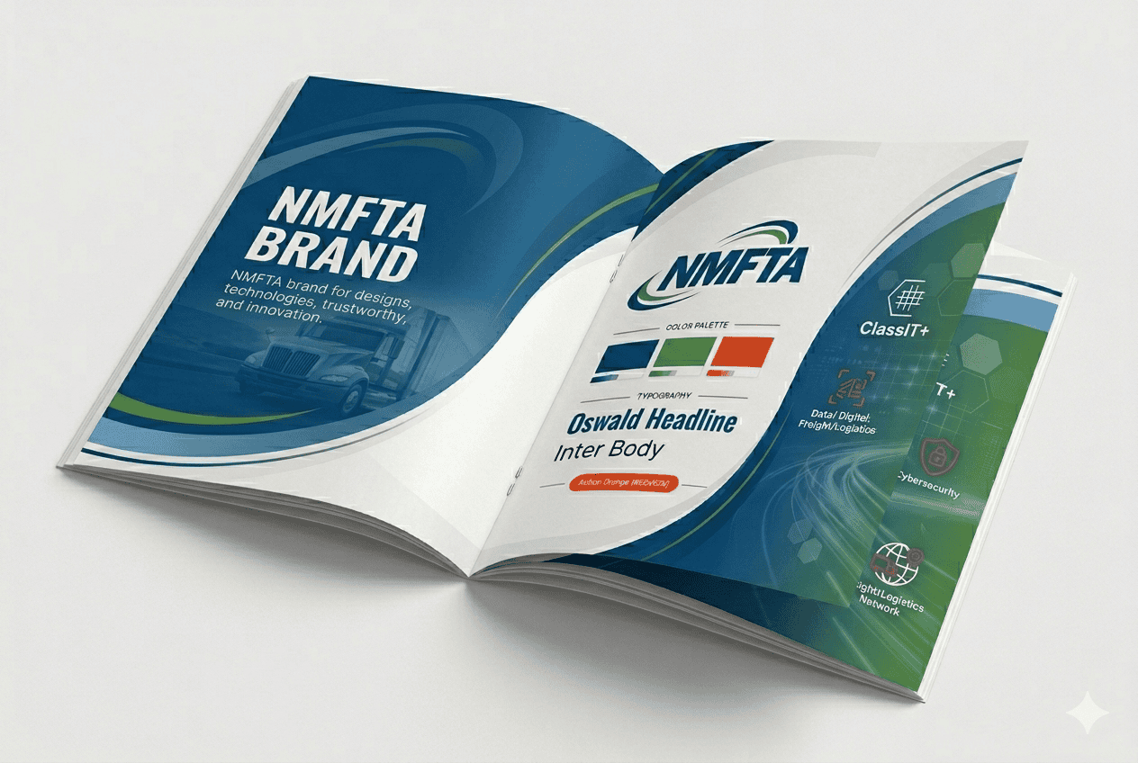 Open NMFTA brand guidelines brochure showing logo, color palette, typography, and ClassIT+ digital logistics branding elements