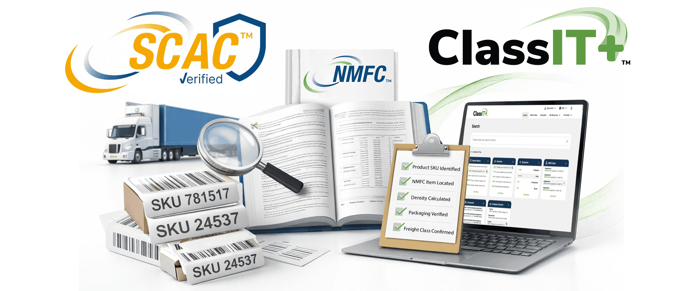 Illustration showing ClassIT+ freight classification software interface alongside NMFC Book, SCAC Verified logo, shipping boxes with SKUs, and a logistics checklist for determining freight class.