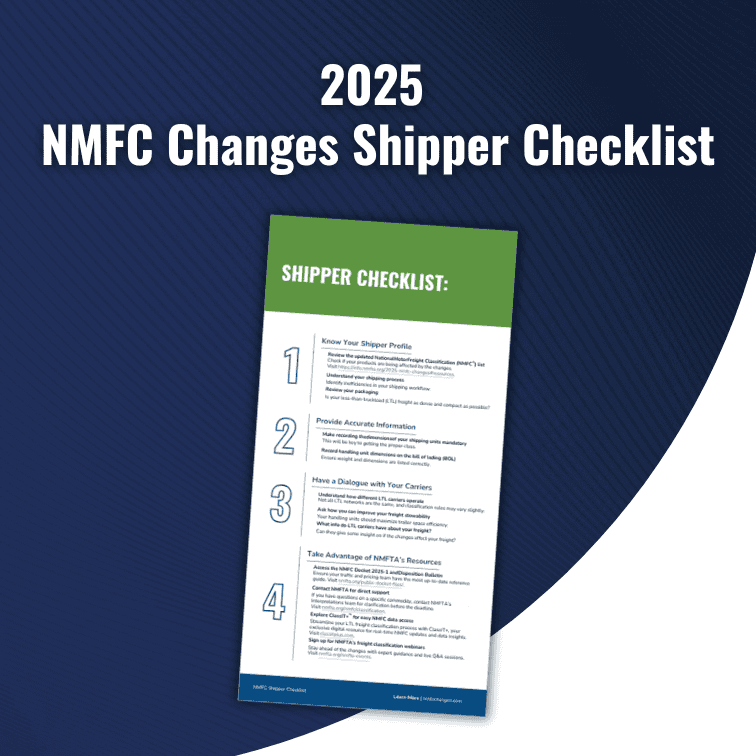 Graphic showing “2025 NMFC Changes Shipper Checklist” with a checklist document highlighting steps for LTL freight classification, packaging, and compliance.