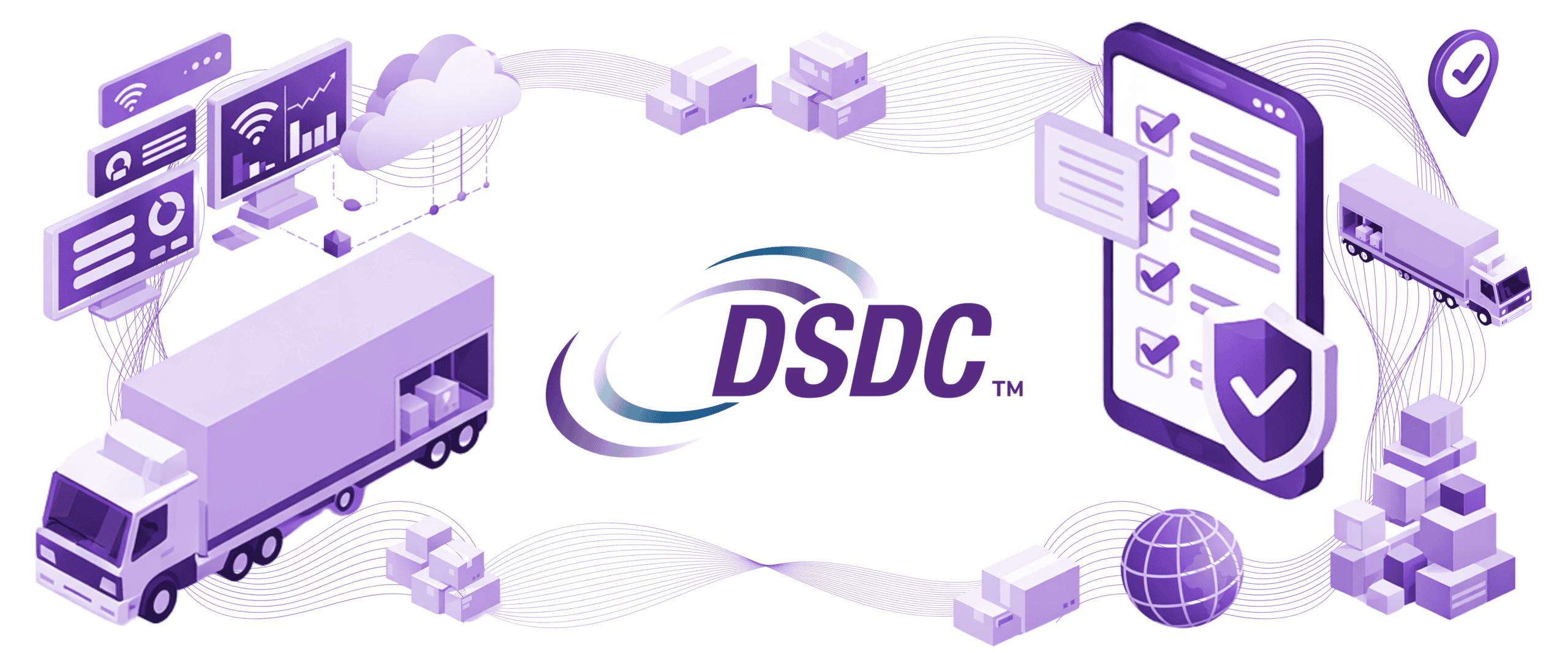 DSDC digital supply chain illustration with truck, cloud network, wireless signals, telematics tower, and logistics data systems representing connected freight technology.
