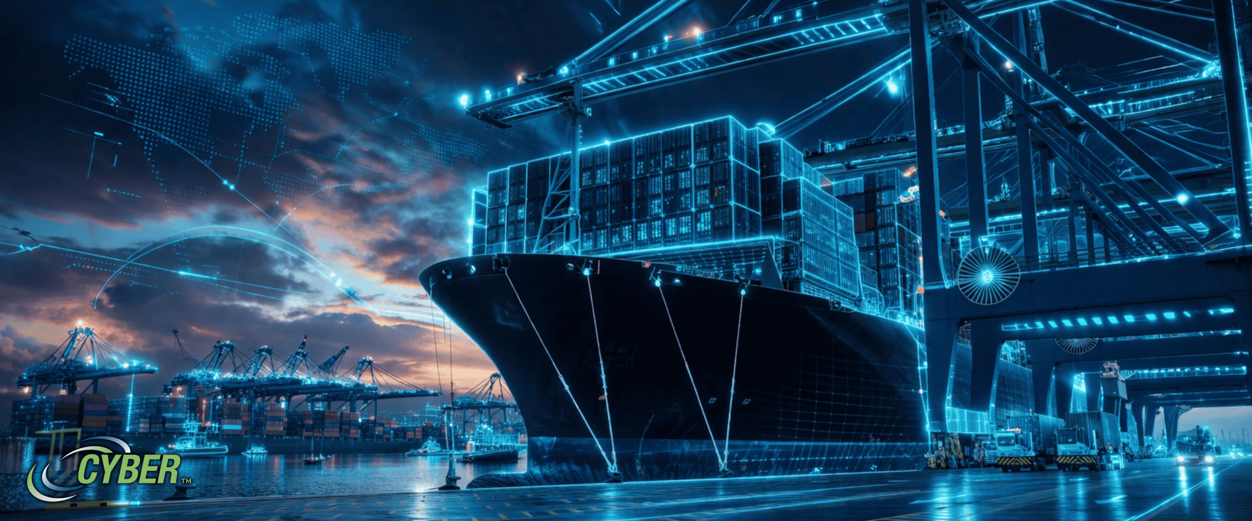 Futuristic smart port with container ship, digital network overlay, logistics systems, and cybersecurity infrastructure at a modern shipping terminal.