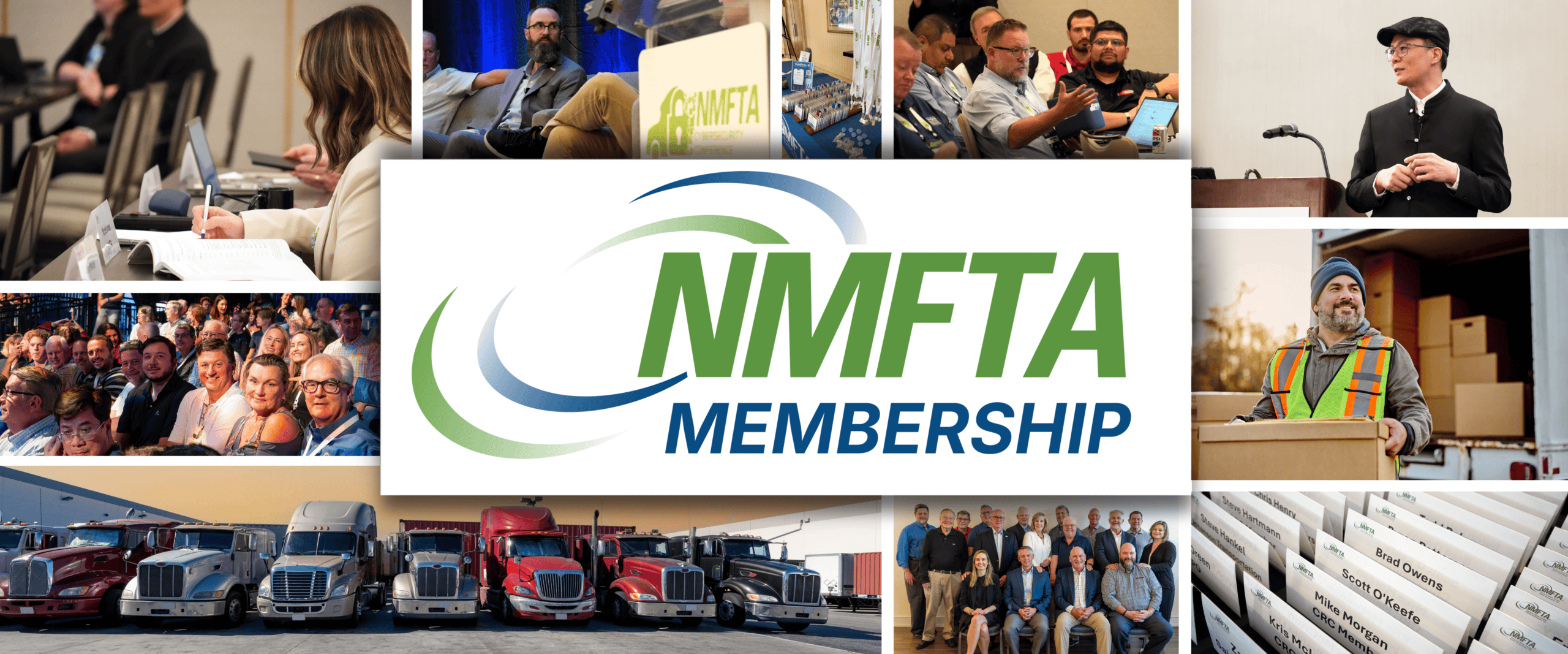 NMFTA conference with members and trucks at an industry event.