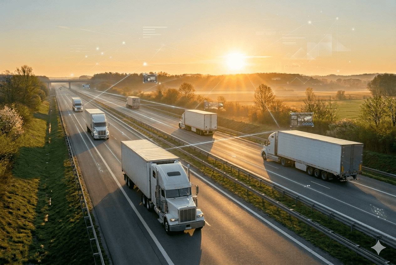 Semi-trucks driving on a highway at sunrise with digital connectivity overlays representing smart logistics, fleet technology, and connected freight networks.