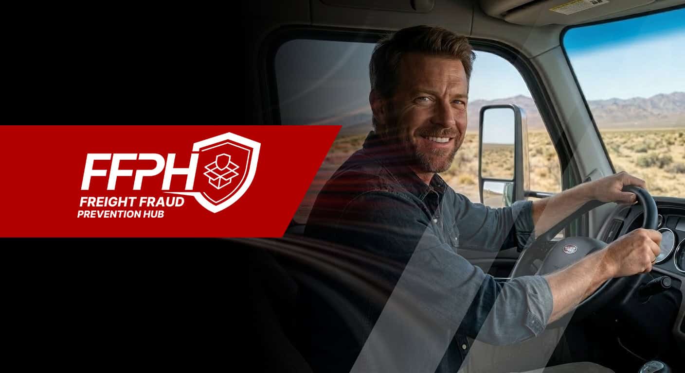 Truck driver driving semi truck with Freight Fraud Prevention Hub FFPH logo promoting cargo security and fraud prevention in trucking industry.