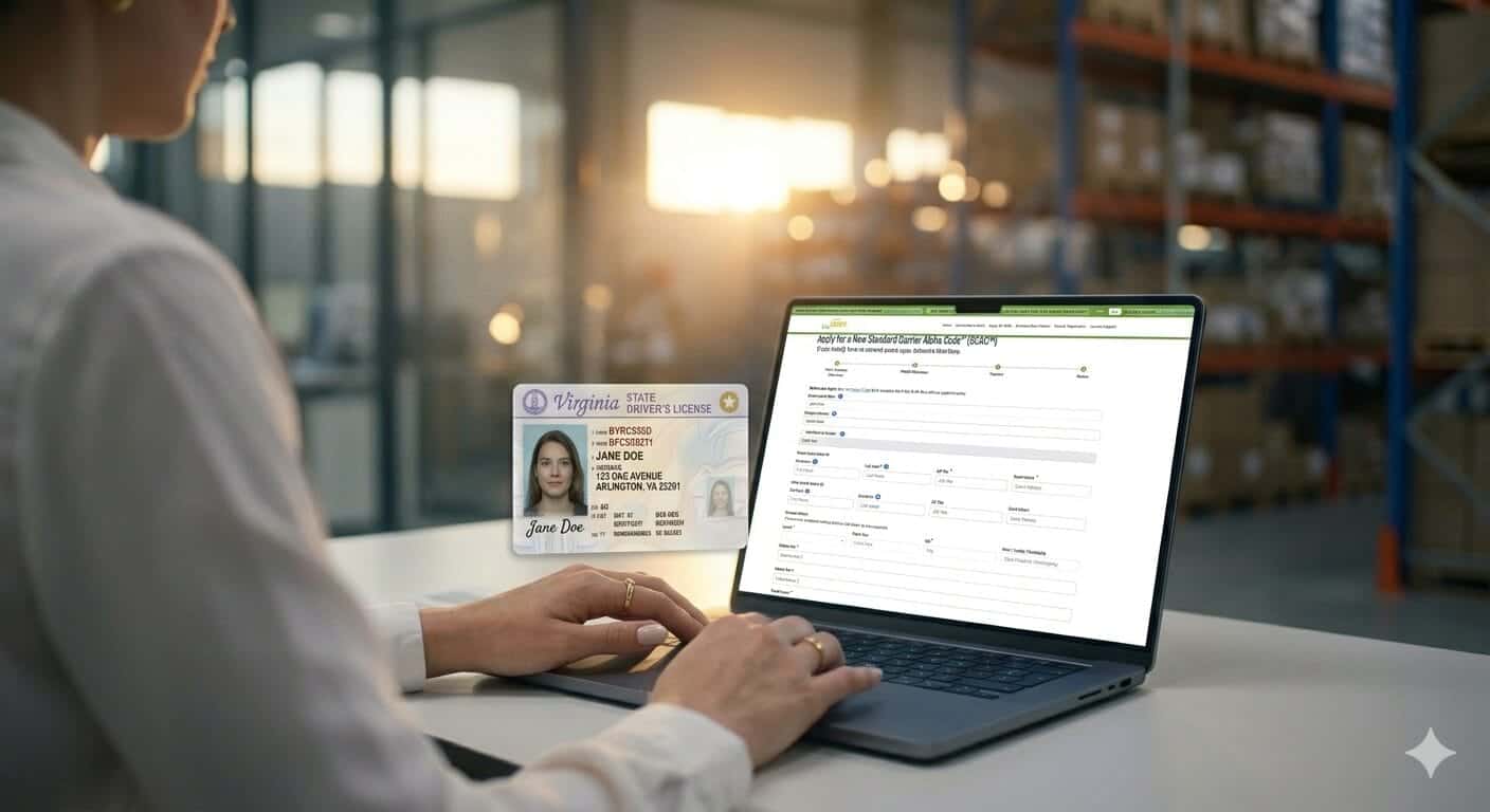Person verifying SCAC application address by matching government-issued driver’s license with online form on laptop