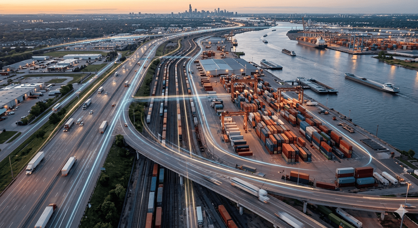 Aerial view of connected freight network with highways, trucks, rail lines, and shipping yards representing how SCAC enables logistics operations