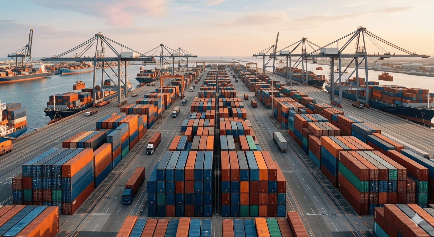 Shipping port with containers and trucks illustrating environments where SCAC are used in logistics and transportation