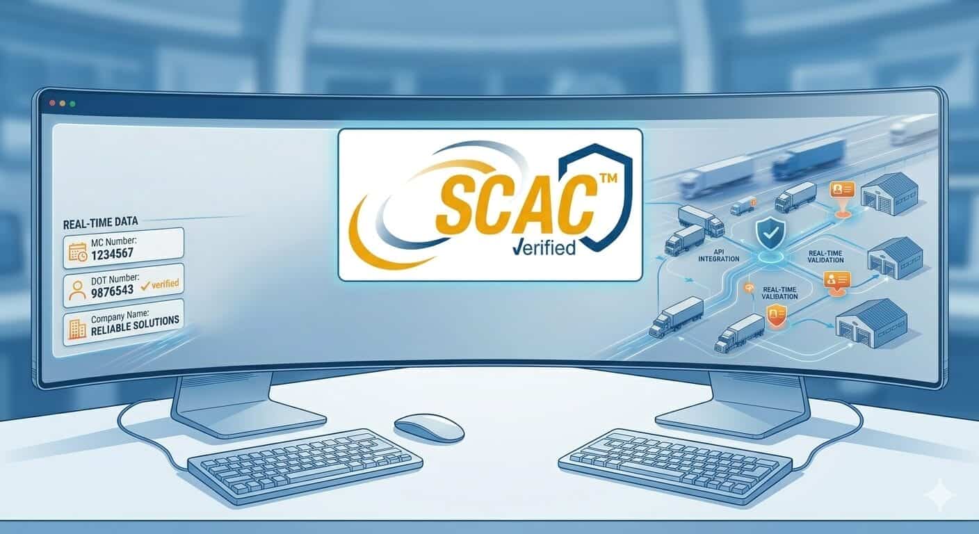 Illustration of SCAC Verified system displaying real-time carrier validation with MC and DOT numbers, logistics trucks, API integration, and supply chain monitoring on dual screens.