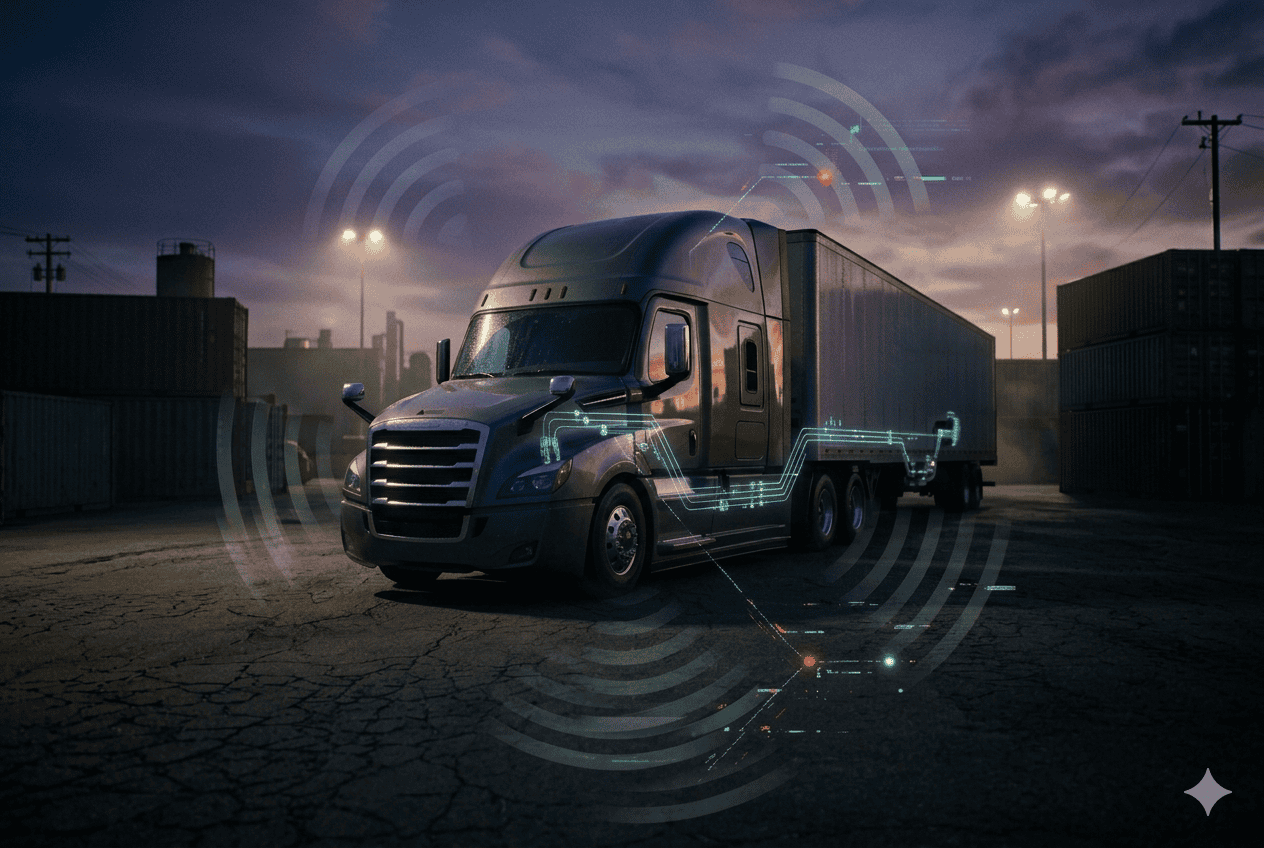Connected semi-truck with digital cybersecurity and telematics technology in a freight yard at dusk