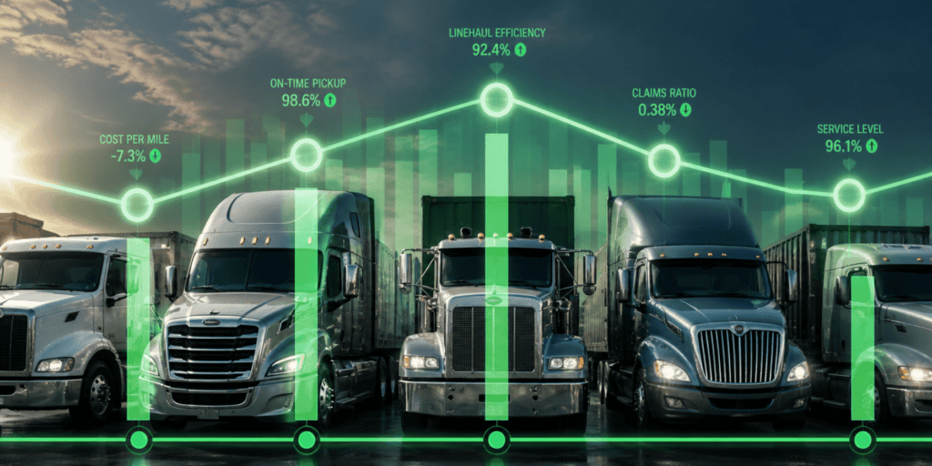 Semi truck fleet with digital overlay showing logistics KPIs such as cost per mile, on-time pickup, linehaul efficiency, claims ratio, and service level