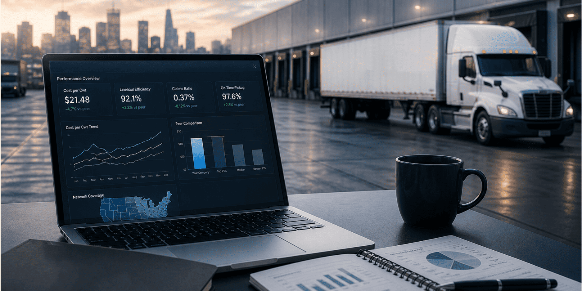 Laptop showing logistics analytics dashboard with trucking KPIs in front of warehouse loading dock and semi truck.