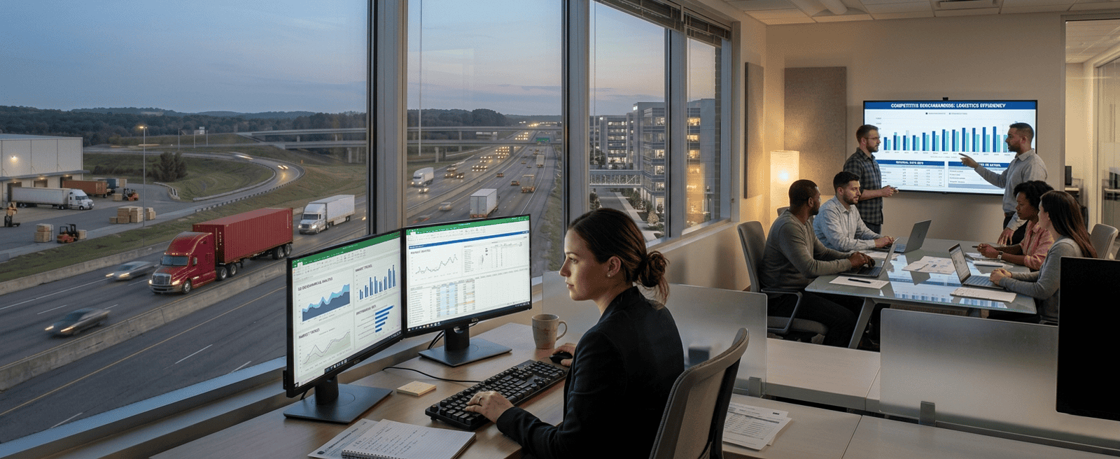 Benchmarking Top Tier Banner - Logistics team in office analyzing freight trucking data on multiple monitors with highway traffic and semi trucks visible through large windows.