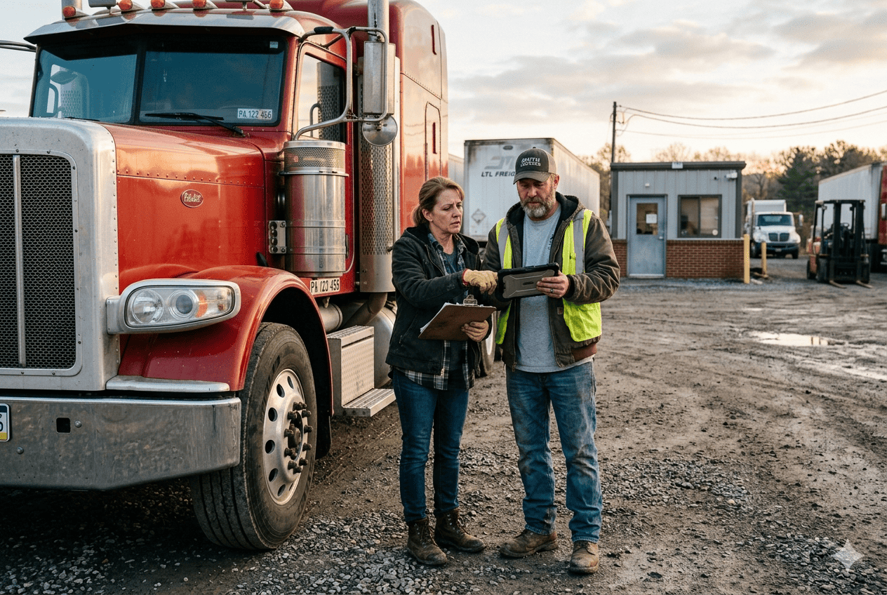 Small family-owned LTL trucking company reviewing shipping information beside a semi truck to help prevent freight fraud using SCAC Verified by NMFTA.