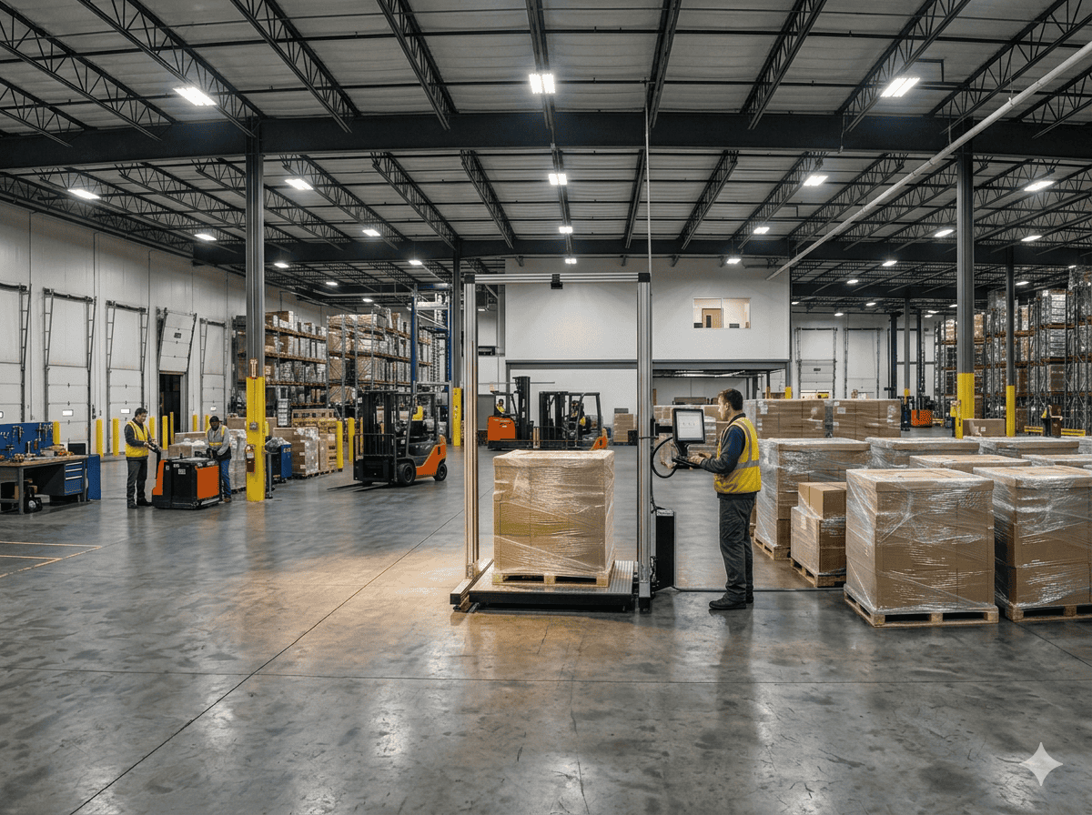 Worker measuring pallet dimensions with laser scanning system in warehouse for freight classification and shipping accuracy