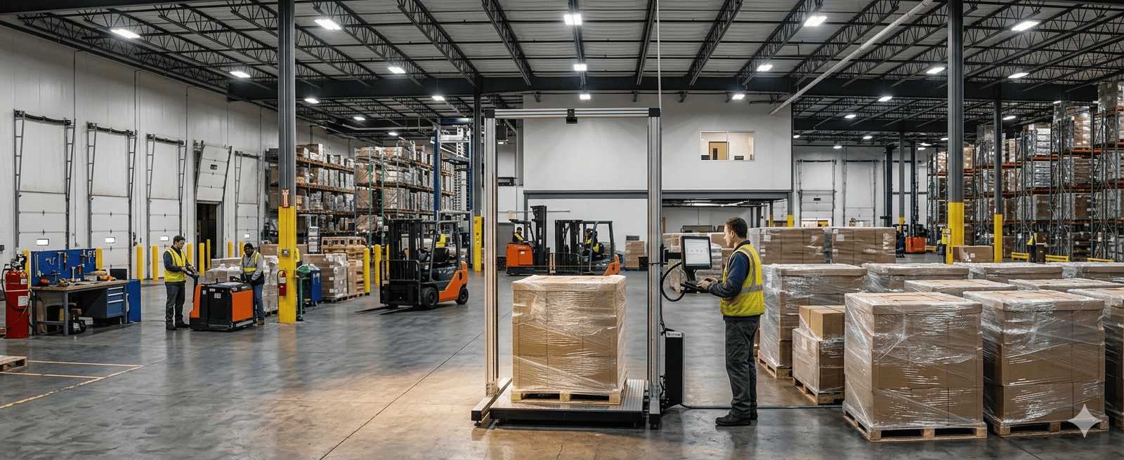 Worker measuring pallet dimensions with laser scanning system in warehouse for freight classification and shipping accuracy
