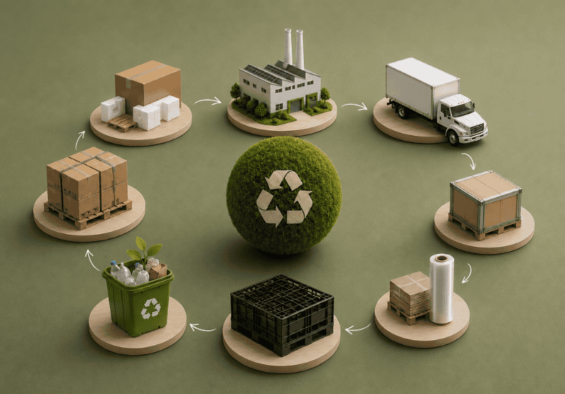 Circular infographic illustrating the Extended Producer Responsibility (EPR) packaging lifecycle with manufacturing, LTL truck transportation, reusable packaging, plastic film, pallets, recycling containers, and sustainable supply chain processes surrounding a central recycling symbol.