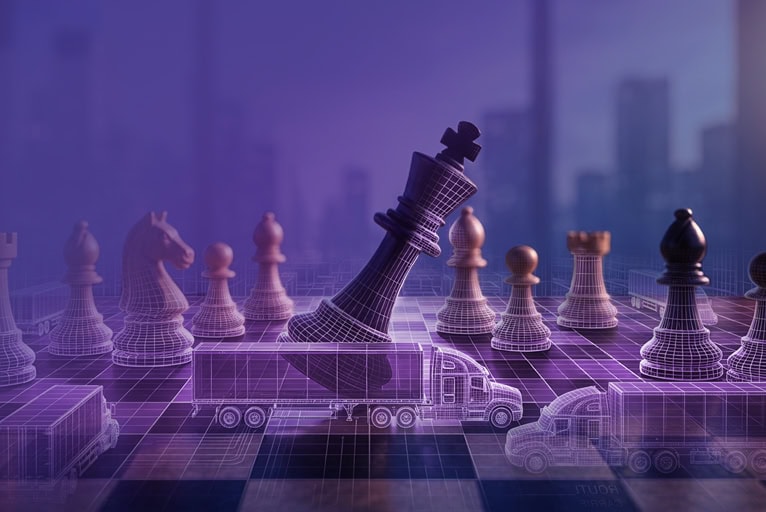 Chess pieces surrounding commercial trucks represent AI governance, risk management, and strategic decision-making for responsible AI adoption in the trucking and transportation industry.