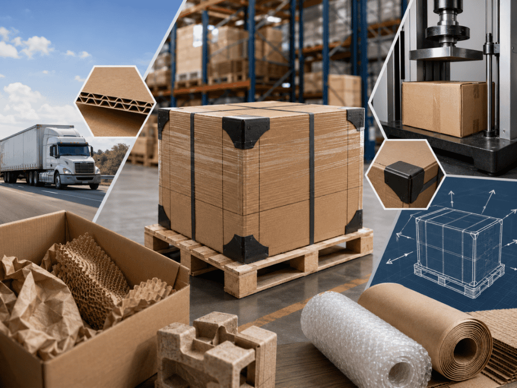 Palletized corrugated shipping container in a warehouse surrounded by protective packaging materials, package compression testing equipment, freight transportation imagery, and packaging design schematics illustrating an industrial packaging program for product protection and supply chain optimization.