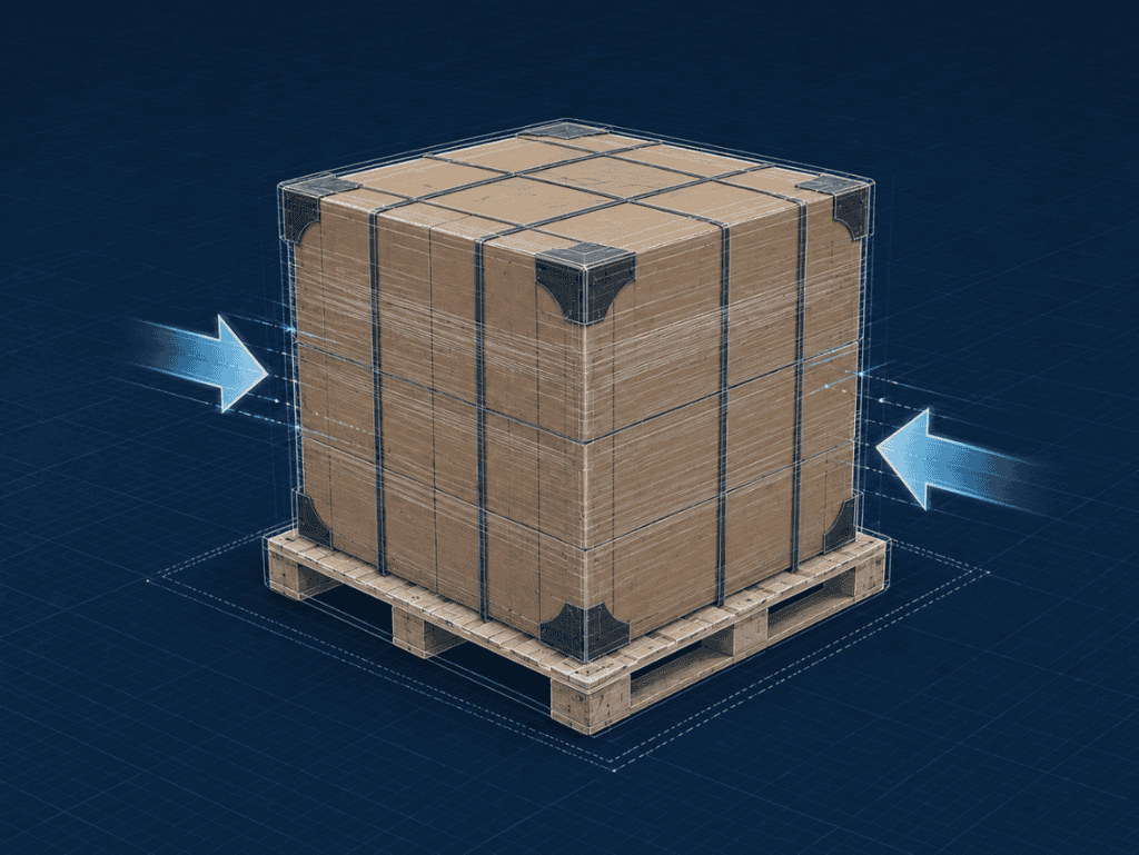 Digital rendering of a palletized corrugated shipping load with stretch wrap and corner protectors, showing compression force arrows applied from both sides to illustrate package compression testing, load stability analysis, and transportation packaging performance.