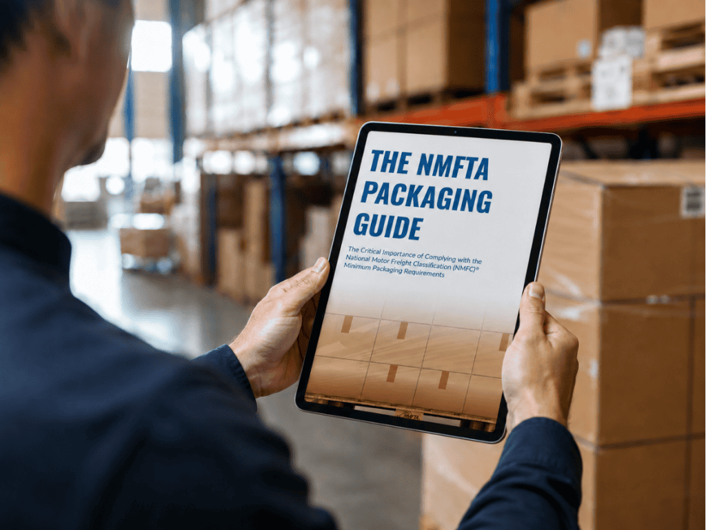 Logistics professional holding a tablet displaying the NMFTA Packaging Guide in a warehouse, illustrating NMFC packaging requirements, freight packaging compliance, shipment protection, and transportation packaging best practices.