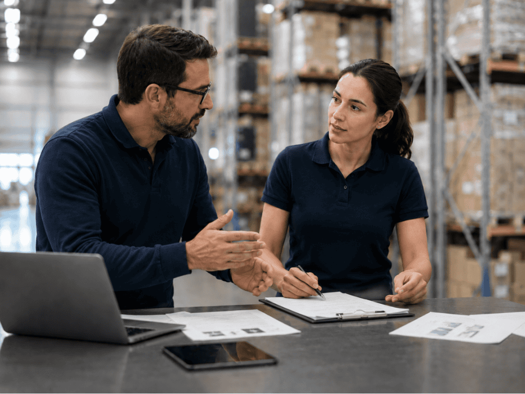 Two packaging and logistics professionals reviewing documents and discussing packaging performance in a warehouse, illustrating packaging consultation, freight compliance assessment, supply chain optimization, and shipment protection planning.