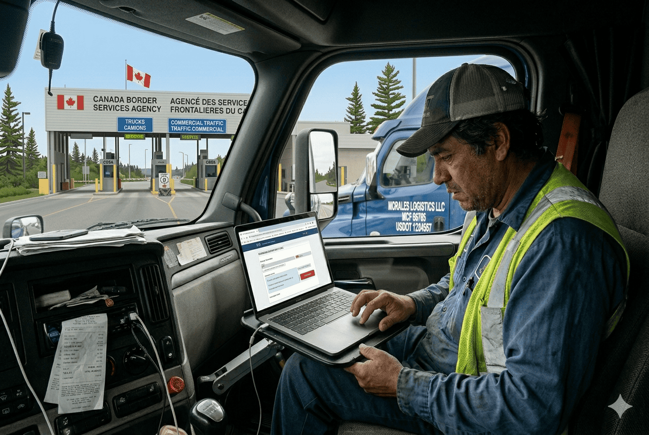 Commercial truck driver reviewing SCAC application and renewal information on a laptop while parked at a Canada-U.S. border crossing.