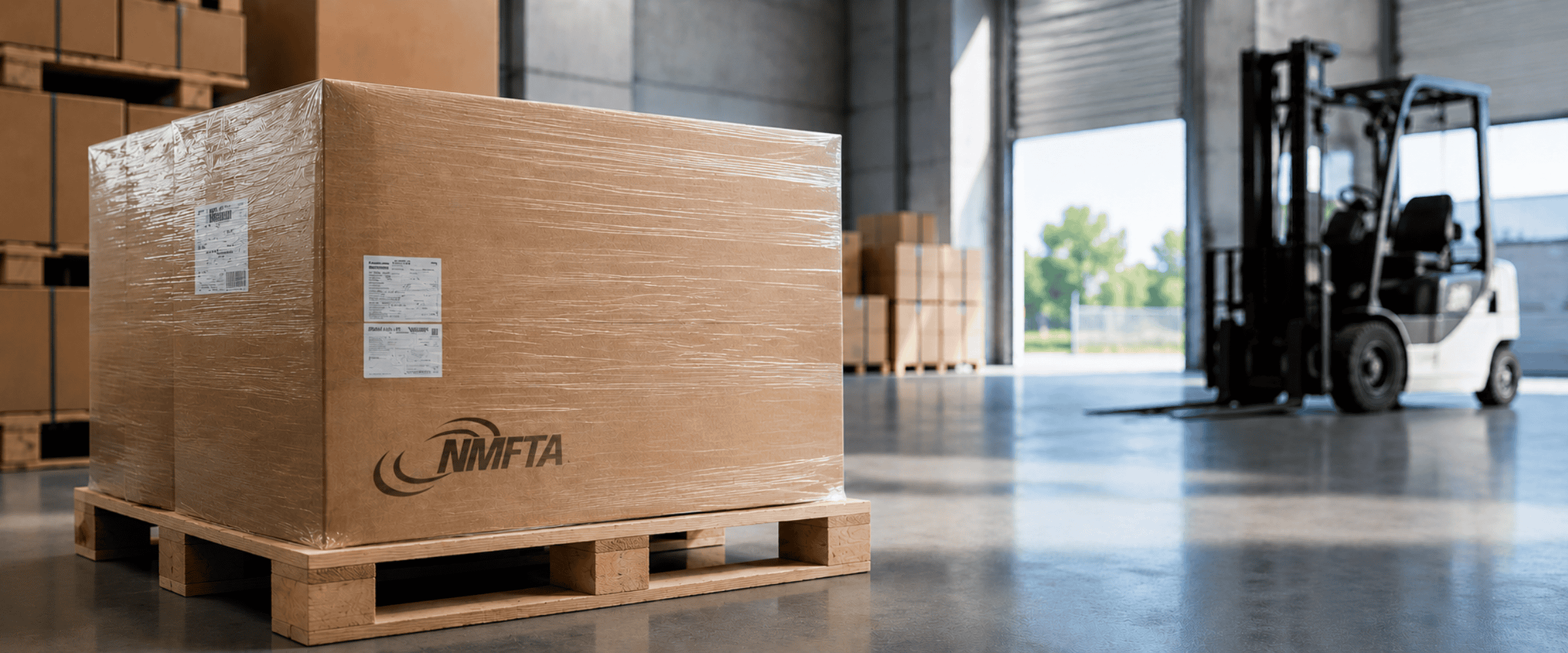 Large palletized shipment wrapped in stretch film inside a warehouse with a forklift nearby, illustrating the NMFTA Packaging Program, freight packaging compliance, pallet load protection, and transportation packaging best practices.