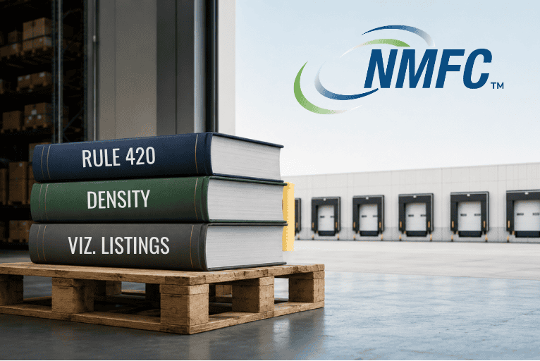 Books labeled Rule 420, Density, and Viz. Listings on a pallet at an LTL freight terminal with the NMFC logo.