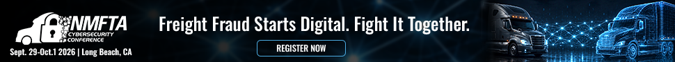 NMFTA Cybersecurity Conference 2026 banner featuring connected trucks and the message “Freight Fraud Starts Digital. Fight It Together.”