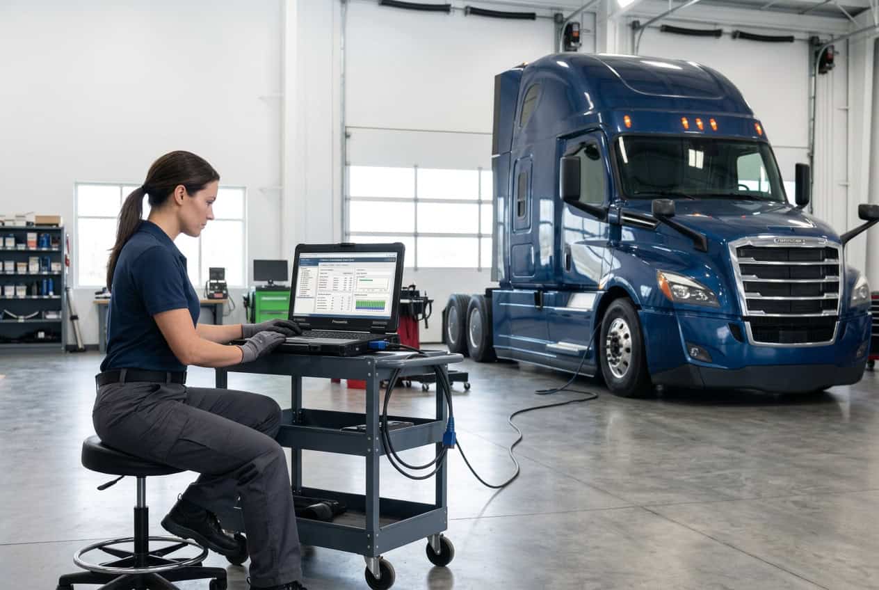 Technician using a laptop to analyze vehicle network data on a Class 8 truck with NMFTA's Trucking Cybersecurity Assessment Tool