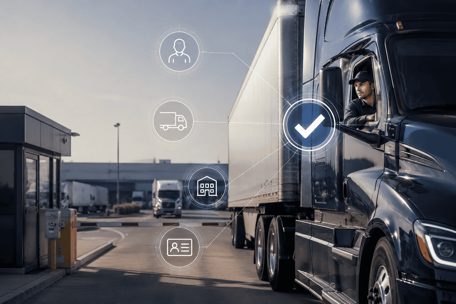 Truck driver at a freight facility with digital carrier identity verification graphics representing SCAC Verified fraud prevention.