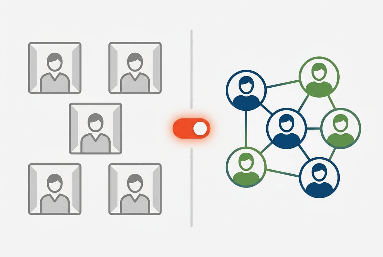 Diagram of ClassIT+ users moving from isolated silos to a connected team network after enabling Company Common