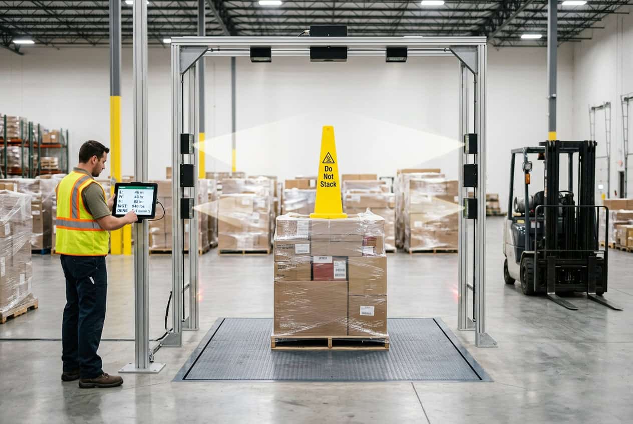 Warehouse worker using an automated dimensioning scanner to capture length, width, height, and weight of a palletized shipment, including a Do Not Stack cone, for accurate NMFC density calculation