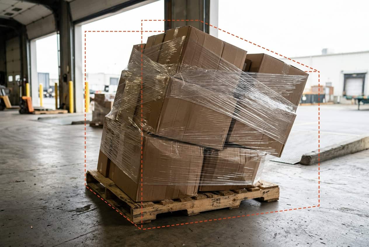 Leaning, stretch-wrapped pallet on an LTL dock with a dashed bounding box showing the load's full measured footprint.