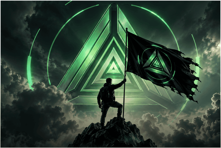 Person standing on mountain holding flag.