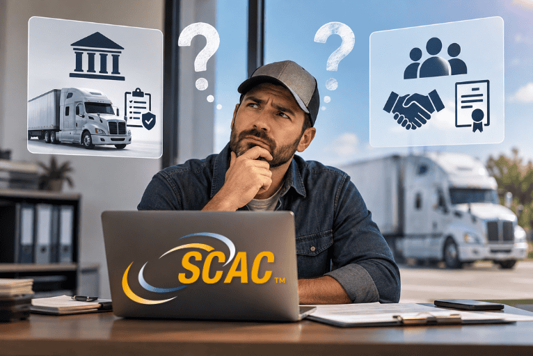 Trucking professional reviewing carrier registration on a laptop displaying the SCAC logo, with a semi-truck and DOT compliance symbols in the background.