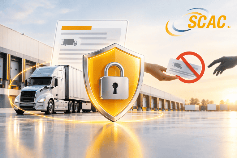 SCAC® carrier identity protection illustration featuring a freight truck, yellow security shield with padlock, and a symbol prohibiting unauthorized code sharing.