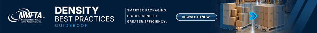 NMFTA banner for the Density Best Practices Guidebook, showing a messy pallet of boxes next to a neatly stacked, higher-density pallet, with a Download Now button.