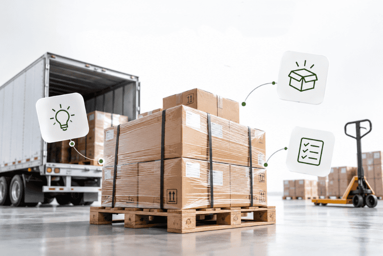 Warehouse with stacked boxes and forklift for packaging logistics.