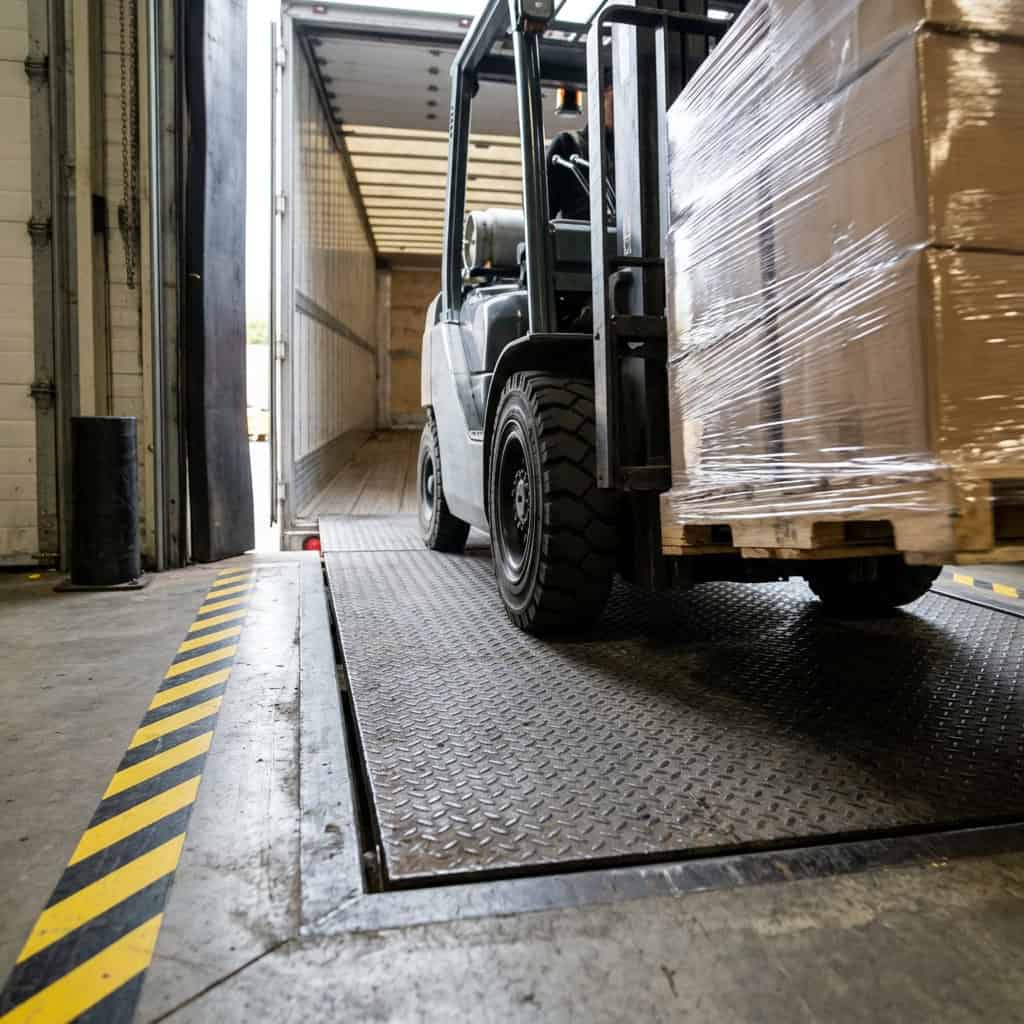 Forklift carrying a shrink-wrapped pallet of cardboard boxes over a steel dock plate into an open semi-trailer at a warehouse loading dock.