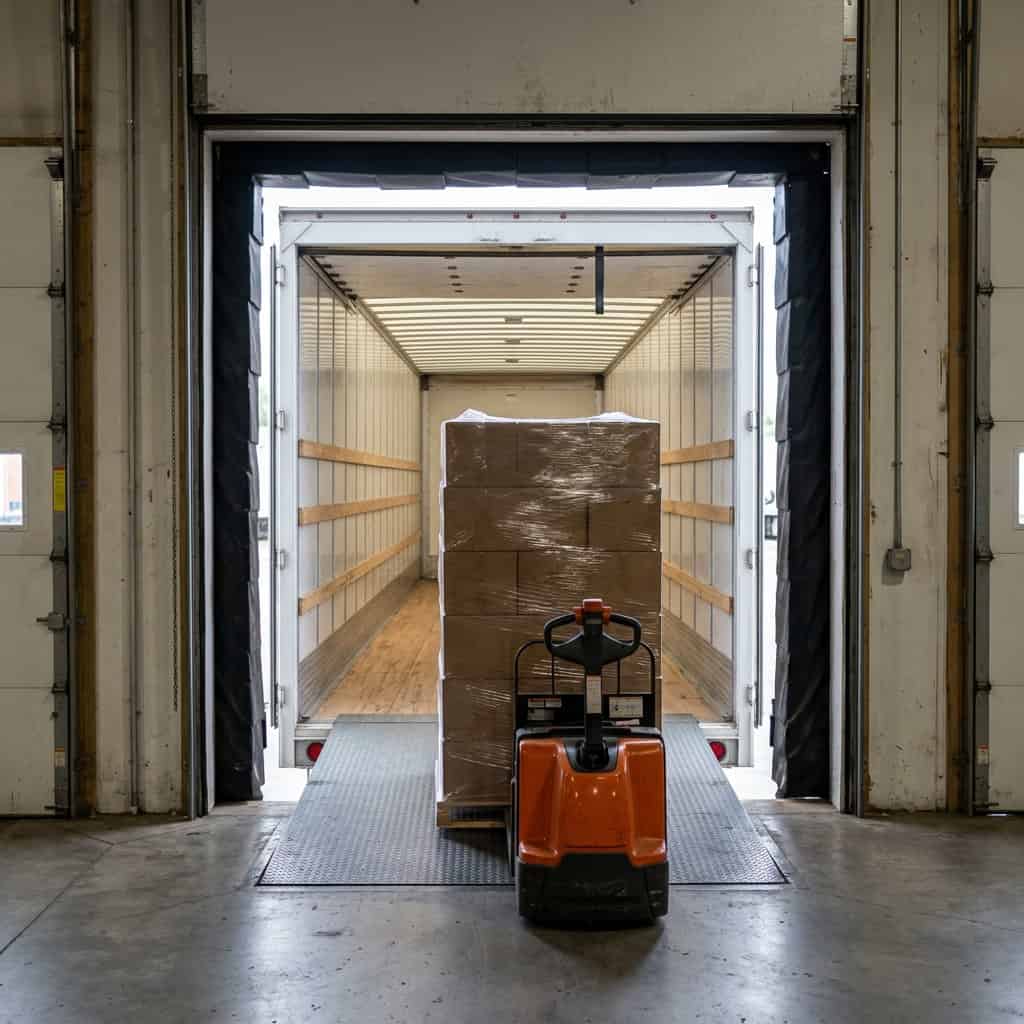Shrink-wrapped pallet of cardboard boxes on a dock plate entering an empty dry van trailer, with an orange electric pallet jack.