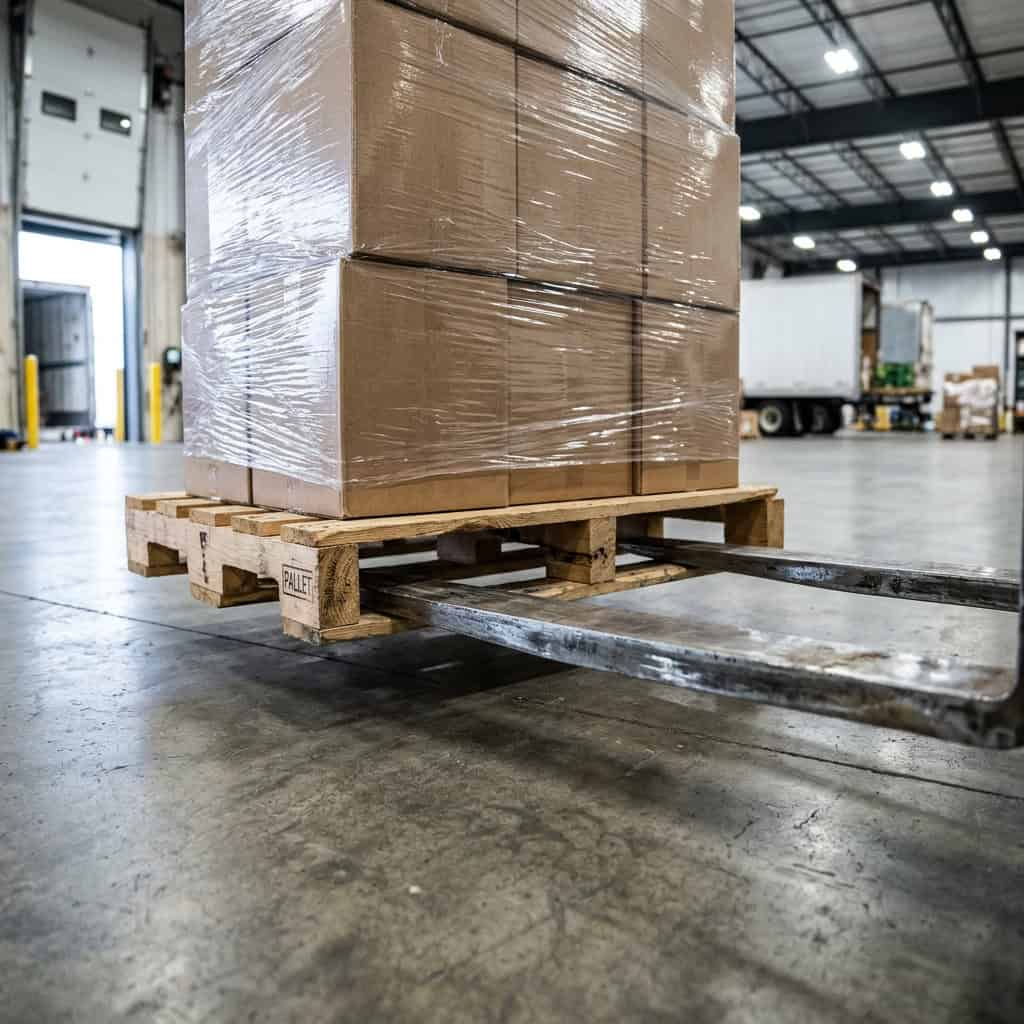 Stacked cardboard boxes secured with stretch wrap on a wooden pallet, lifted by forklift forks in a warehouse with a loading dock and box truck in the background.