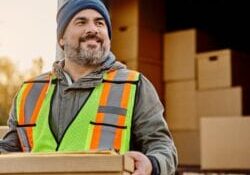 Happy,Delivery,Man,Loading,Cardboard,Boxes,Into,A,Truck,And