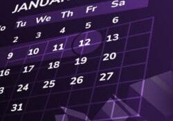 January 2025 calendar graphic with highlighted dates January 7 and 12, modern purple design with 3D shapes.