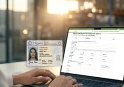 Person verifying SCAC application address by matching government-issued driver’s license with online form on laptop