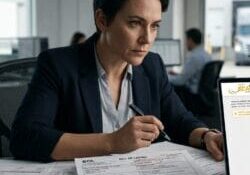 Logistics professional verifying SCAC code on a bill of lading using a laptop to prevent freight fraud, cargo theft, and double brokering