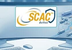 Illustration of SCAC Verified system displaying real-time carrier validation with MC and DOT numbers, logistics trucks, API integration, and supply chain monitoring on dual screens.